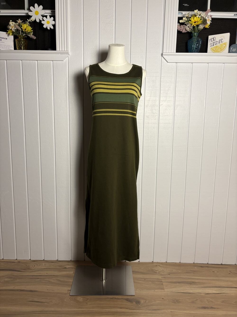 Norton Petites Studio PS Olive Striped Maxi Dress Retro 70s Mod Sleeveless
